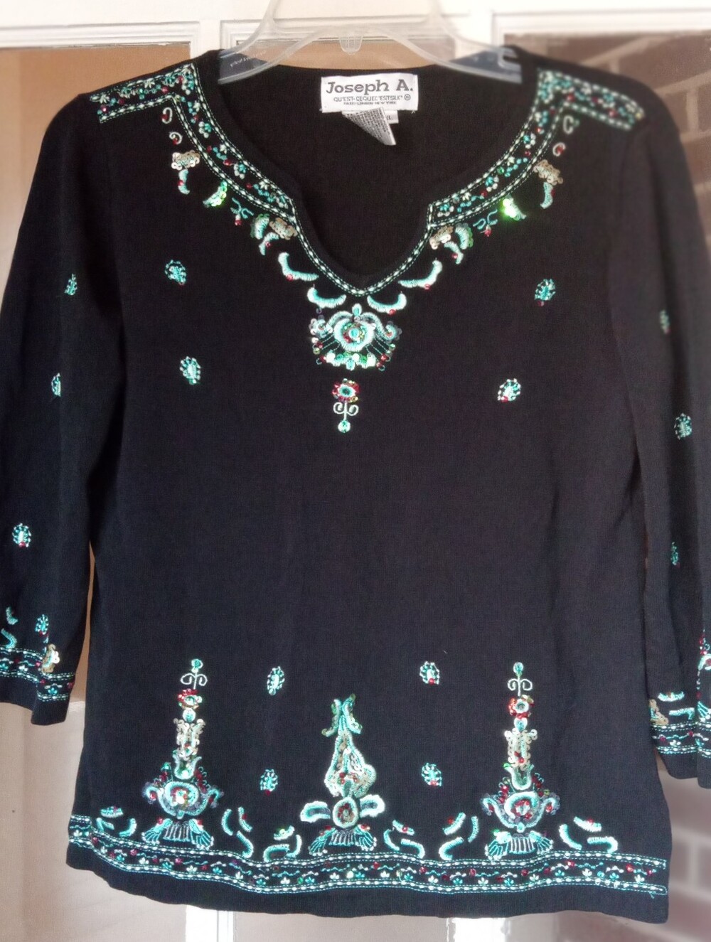 Joseph A Black Beaded Sequin V-Neck Knit Sweater Top 3/4 Sleeve Sz XL